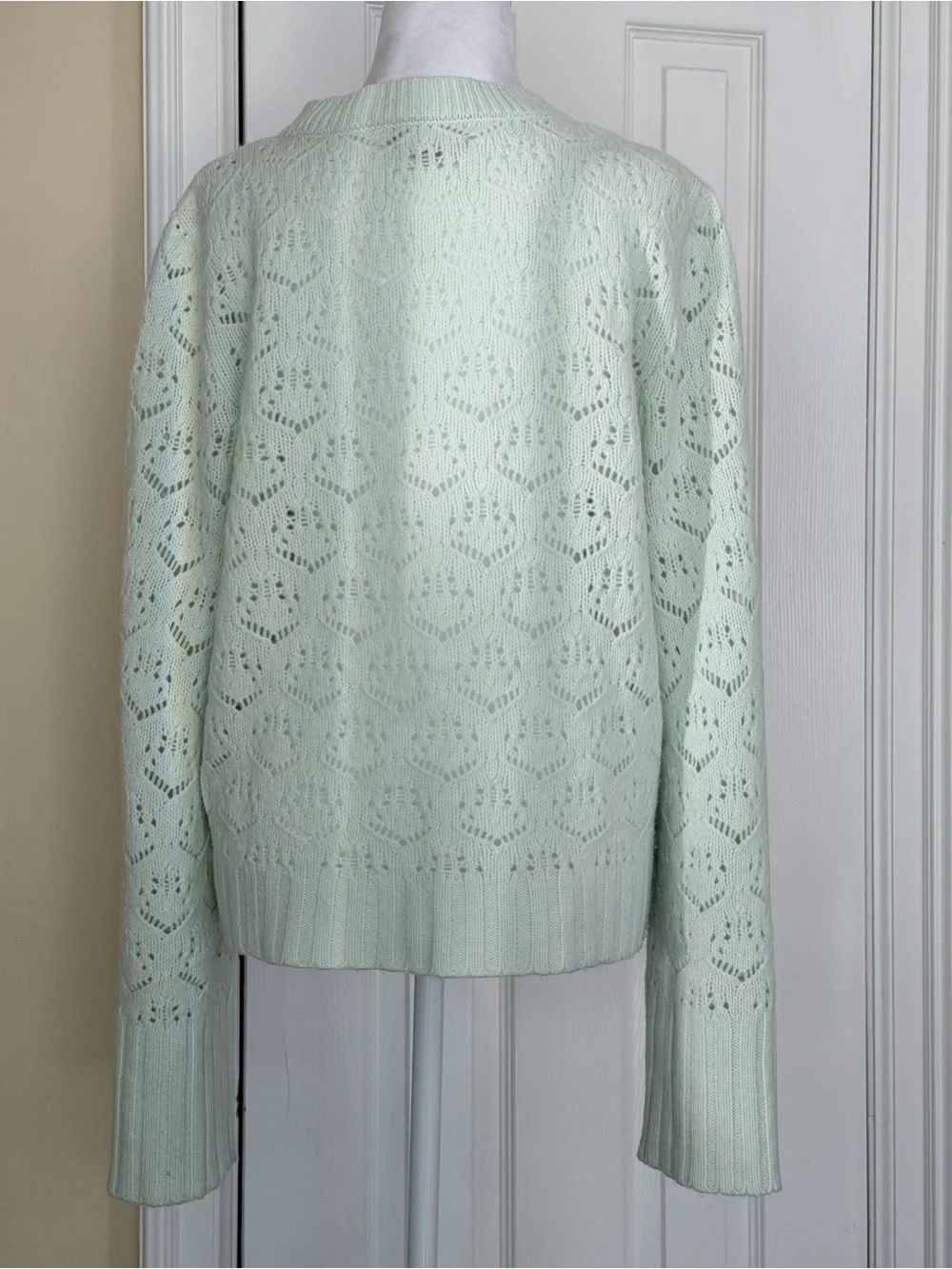 J.Crew 100% Merino Wool Pointelle Knit Sweater Mint Green Wide Sleeves Large